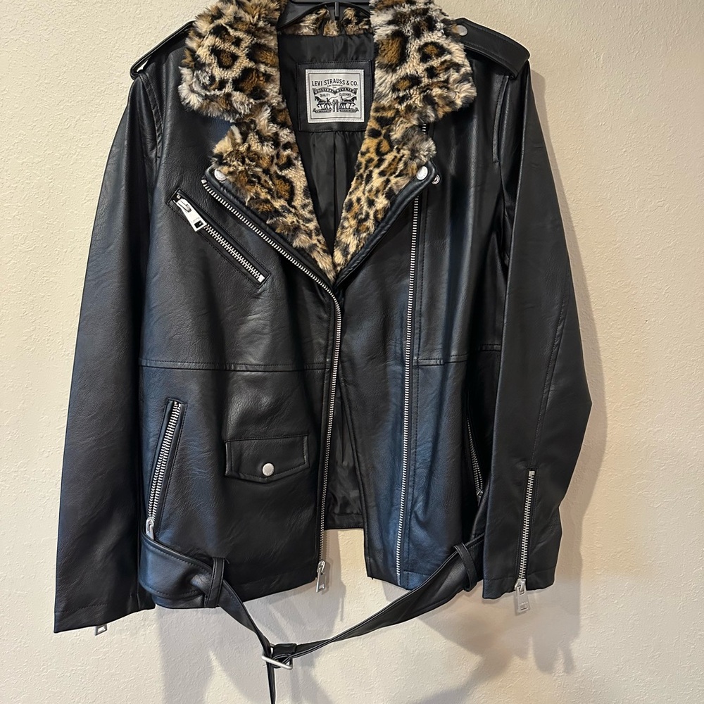 Levi's Black Leather Moto Jacket with Leopard Accents